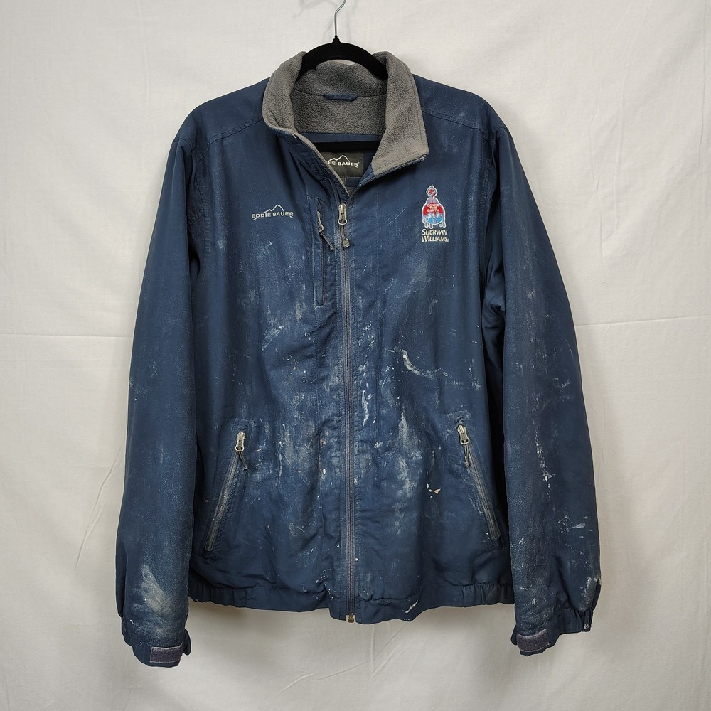 Vtg Eddie Bauer Jacket Mens L Blue Fleece Lined Full Zip Paint Splat Grunge Work